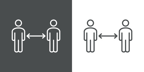 Símbolo distancia de seguridad. Icono plano lineal hombres con flechas en fondo gris y fondo blanco