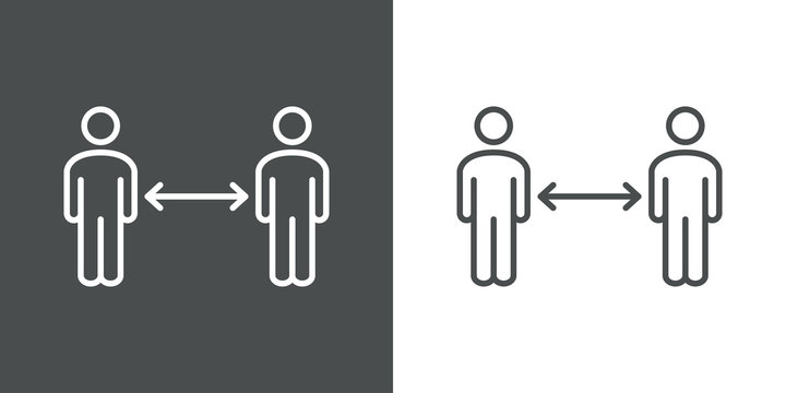 S&iacute;mbolo distancia de seguridad. Icono plano lineal hombres con flechas en fondo gris y fondo blanco