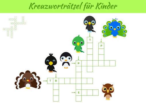 Kreuzworträtsel für Kinder - Crossword for kids. Crossword game with pictures. Kids activity worksheet colorful printable version. Educational game for study German words. Vector stock illustration.