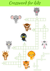 Crosswords game of animals for children with pictures. Kids activity worksheet colorful printable version. Educational game for study English words. Includes answers. Flat vector stock illustration.