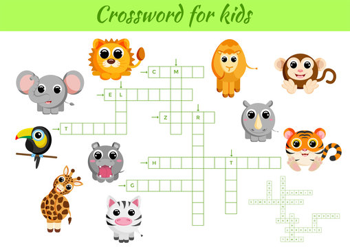 Crosswords game of animals for children with pictures. Kids activity worksheet colorful printable version. Educational game for study English words. Includes answers. Flat vector stock illustration.