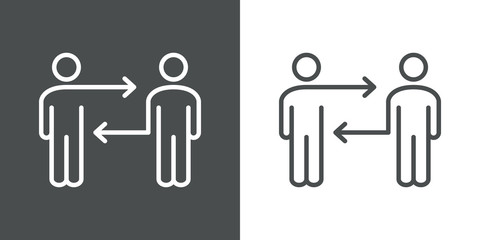 Símbolo distancia de seguridad. Icono plano lineal hombres con flechas en fondo gris y fondo blanco © teracreonte