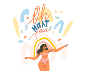 Hand drawn vector abstract stock graphic illustration with happy female and handwritten positive Oh what fun quote text and collage shapes isolated on white background