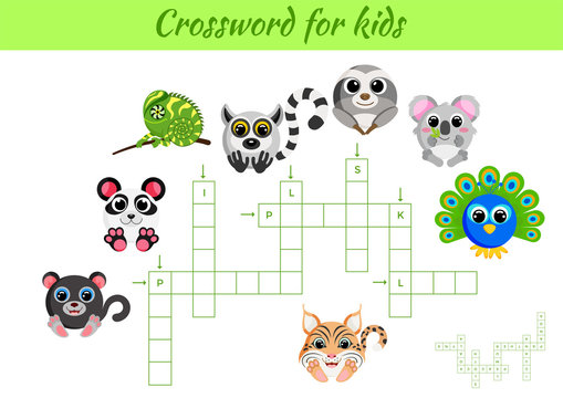 Crosswords game of animals for children with pictures. Kids activity worksheet colorful printable version. Educational game for study English words. Includes answers. Flat vector stock illustration.
