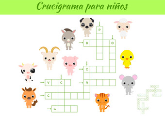Crucigrama para niños - Crossword for kids. Crossword game with pictures. Kids activity worksheet colorful printable version. Educational game for study Spanish words. Vector stock illustration.
