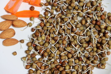healthy summer salad with black pea sprouts, carrots and dry fruits, macrobiotic food
