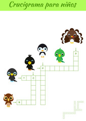 Crucigrama para niños - Crossword for kids. Crossword game with pictures. Kids activity worksheet colorful printable version. Educational game for study Spanish words. Vector stock illustration.