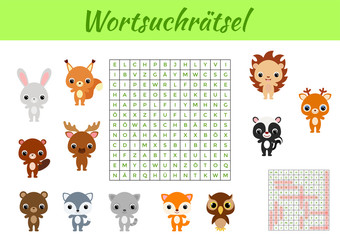 Wortsuchrätsel - Word search puzzle. Clip cards game template. Kids activity worksheet colorful printable version. Educational game for study German words. Includes answers. Vector stock illustration