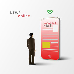 News online on mobile phone. Man stand read news on smart phone. Media on mobile.