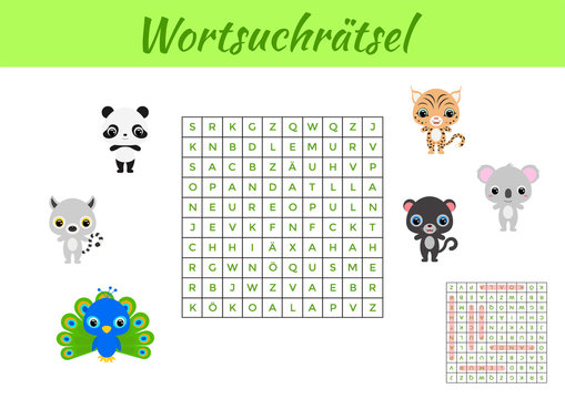 Wortsuchrätsel - Word search puzzle. Clip cards game template. Kids activity worksheet colorful printable version. Educational game for study German words. Includes answers. Vector stock illustration