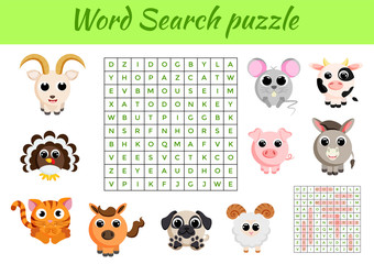 Obraz na płótnie Canvas Clip cards game template word search puzzle. Kids activity worksheet colorful printable version. Educational game for study English words. Includes answers. Flat vector stock illustration.