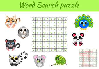 Clip cards game template word search puzzle. Kids activity worksheet colorful printable version. Educational game for study English words. Includes answers. Flat vector stock illustration. © Jexy