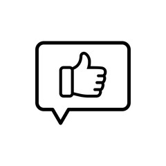 Símbolo mensaje like. Icono plano lineal mano con pulgar arriba en burbuja de habla en color negro