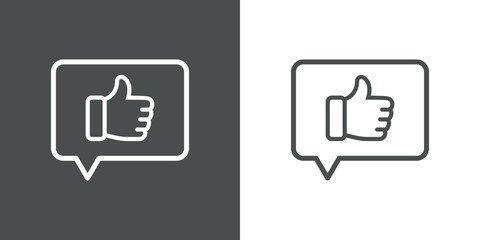 Símbolo mensaje like. Icono plano lineal mano con pulgar arriba en burbuja de habla en fondo gris y fondo blanco © teracreonte