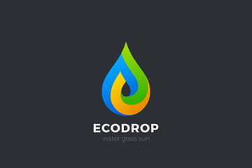 Colorful Liquid Water Droplet Drop Eco Logo design vector template. Ecology Aqua Grass Sun Logotype concept icon.