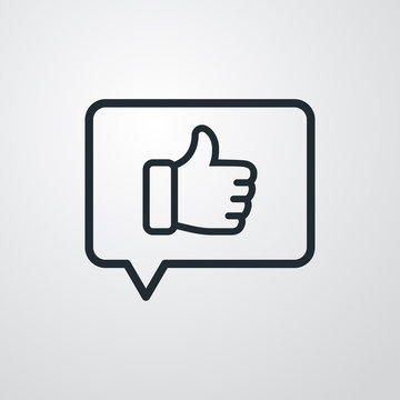 S&iacute;mbolo mensaje like. Icono plano lineal mano con pulgar arriba en burbuja de habla en fondo gris
