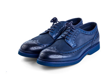 Men's classic blue soft leather shoes with perforated laces. Top view at an angle.