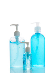 Three Hand sanitizer bottle or alcohol gel isolated on white