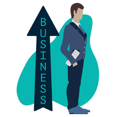 Businessman with newspaper. Up arrow - rise in financial stocks. Successful business man with a growing business. Man in handsome suit. Vector illustration with shadows. Design for financial concept.