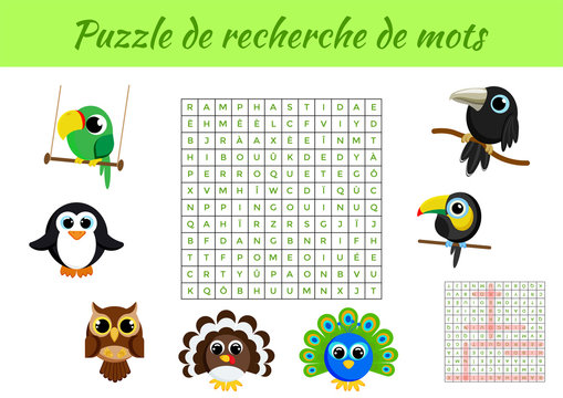 Puzzle de recherche de mots - Word search puzzle with pictures. Educational game for study French words. Kids activity worksheet colorful printable version. Includes answers. Vector stock illustration