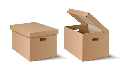 vector carton square box in open and closed view. Isolated icon illustration on white background.