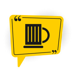 Black Wooden beer mug icon isolated on white background. Yellow speech bubble symbol. Vector Illustration