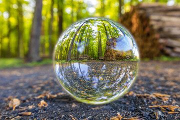 Glaskugel Crystal ball liegt im Wald auf dem Waldweg Durchblick nicht verdreht