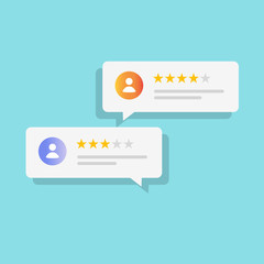 Review online or customer testimonials feedback bubbles vector icon flat cartoon, idea of client comment messages with good and bad rating stars iamge