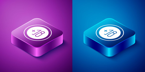 Isometric Alcohol 18 plus icon isolated on blue and purple background. Prohibiting alcohol beverages. Square button. Vector Illustration