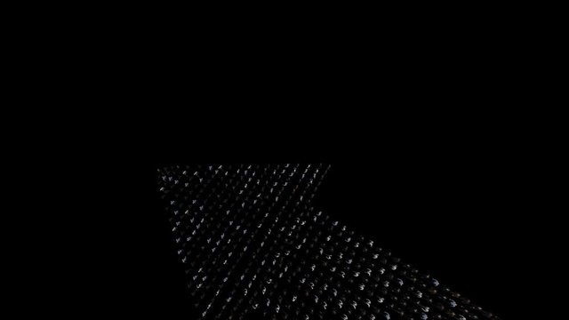 Businessmen lead by a businesswoman forming arrow shape pointing up, 4K against black