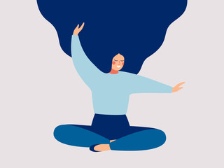 The happy young woman makes morning stretch. Smiling girl enjoying her life. Body positive and health care concept.