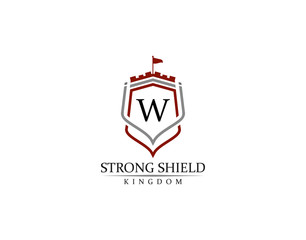 Strong Shield, Gold Heraldic W Letter Monogram. Retro minimal shield Shape.  Crown, Castle, Kingdom Logo Design.