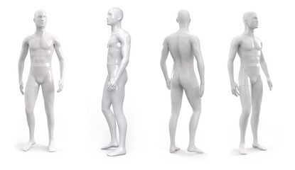 White plastic male mannequin for clothes. Set from the side, front and back view. Commercial equipment for shop windows. 3d illustration isolated on a white background. - obrazy, fototapety, plakaty
