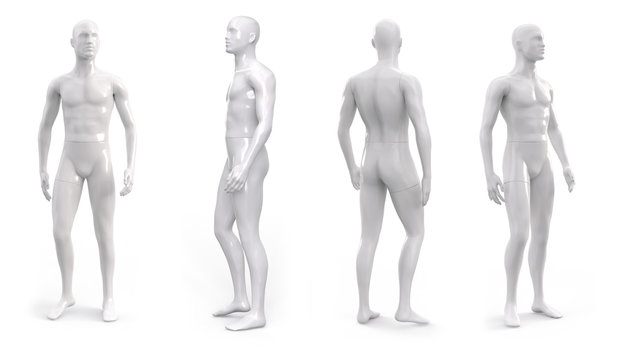 White plastic male mannequin for clothes. Set from the side, front and back view. Commercial equipment for shop windows. 3d illustration isolated on a white background.