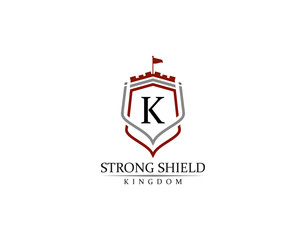 Strong Shield, Gold Heraldic K Letter Monogram. Retro minimal shield Shape.  Crown, Castle, Kingdom Logo Design.