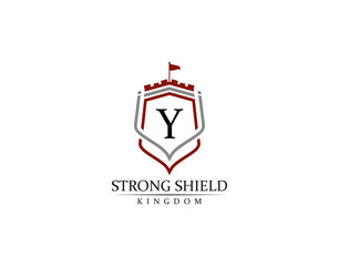 Strong Shield, Gold Heraldic Y Letter Monogram. Retro minimal shield Shape.  Crown, Castle, Kingdom Logo Design.