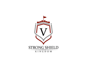 Strong Shield, Gold Heraldic V Letter Monogram. Retro minimal shield Shape.  Crown, Castle, Kingdom Logo Design.