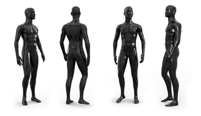 Black plastic male mannequin for clothes. Set from the side, front and back view. Plastic mannequin for clothes and shop window decoration. 3d illustration isolated on a white background. - obrazy, fototapety, plakaty