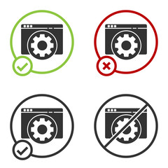 Black Browser setting icon isolated on white background. Adjusting, service, maintenance, repair, fixing. Circle button. Vector Illustration