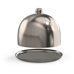 Chrome dome for restaurant dishes. Metal restaurant cloche with open raised lid. 3d realistic illustration isolated on white background.