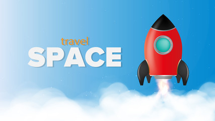 Space for travel. Blue banner on the theme of space flight. Space shuttle. The booster goes on take off. Vector. © Javvani