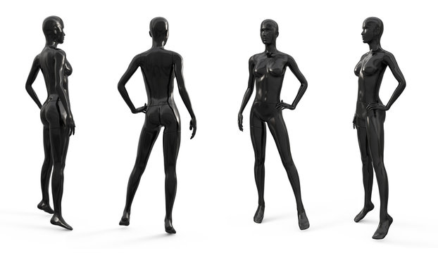 Black plastic female mannequin for clothes. Set from the side, front and back view. Plastic mannequin for clothes and shop window decoration. 3d illustration isolated on a white background.