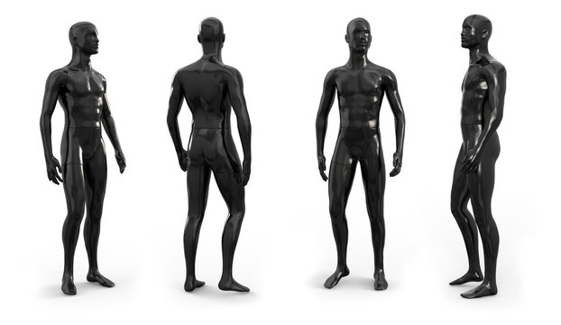 Black plastic male mannequin for clothes. Set from the side, front and back view. Plastic mannequin for clothes and shop window decoration. 3d illustration isolated on a white background.