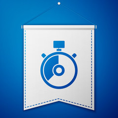 Blue Stopwatch icon isolated on blue background. Time timer sign. Chronometer sign. White pennant template. Vector Illustration