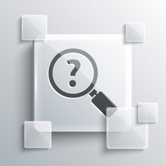 Grey Unknown search icon isolated on grey background. Magnifying glass and question mark. Square glass panels. Vector Illustration