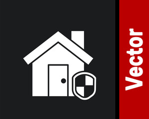 White House under protection icon isolated on black background. Home and shield. Protection, safety, security, protect, defense concept. Vector Illustration