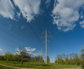Fototapeta na wymiar High voltage power lines against a blue sky and white clouds. Summer sunny day, landscape in the city park.