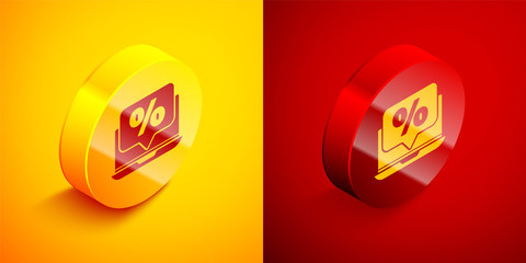 Isometric Percent discount and laptop icon isolated on orange and red background. Sale percentage - price label, tag. Circle button. Vector Illustration