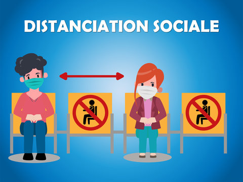 affiche pour la distanciation sociale représentant deux personnes portant un masque assises et éloignées pour ne pas se contaminer sur un fond bleu