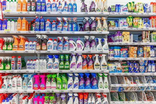 Moscow, Russia, 04/07/2020: A rich assortment of household chemicals on a supermarket shelf. Cleanliness and order in the house.